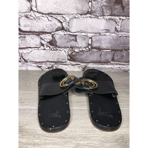 Beek Black Leather Handmade Gold Toe Ring Flats Sandals Women Sz 7M US/38EU - Picture 5 of 16